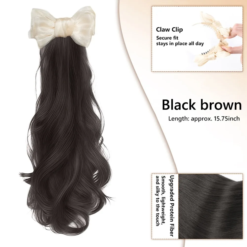 

Moonlight Yarn Bow Ponytail Wig Claw Clip Elegant Long Wavy Wig Ponytail Wig Hair Extension Low Ponytail