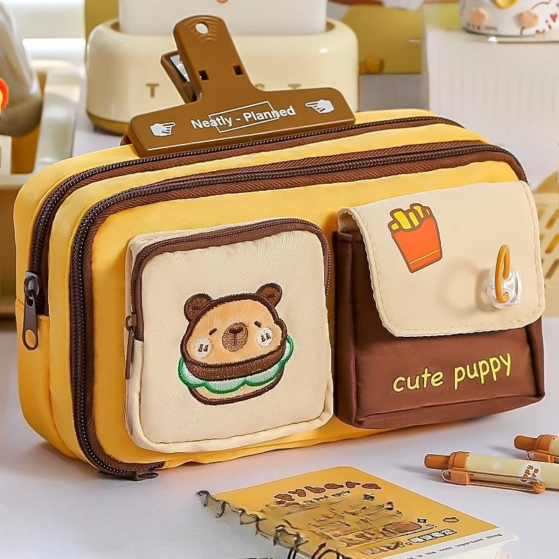 

Embroidered Design Pen Bag with Large Capacity Multifunctional Cartoon Drawstring Small Pocket Creative Stationery Storage Bag