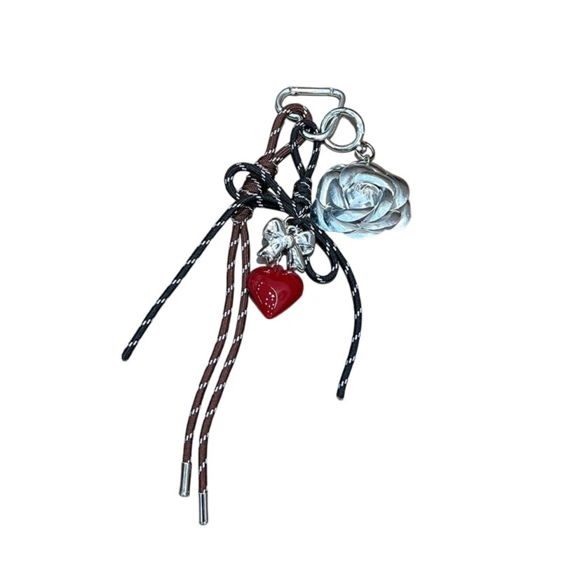 X5XA Unique Design Camellia Flower Heart Keychain Braided Rope Tassels Lightweight Portable Trendy Bag Charm Decoration Gift