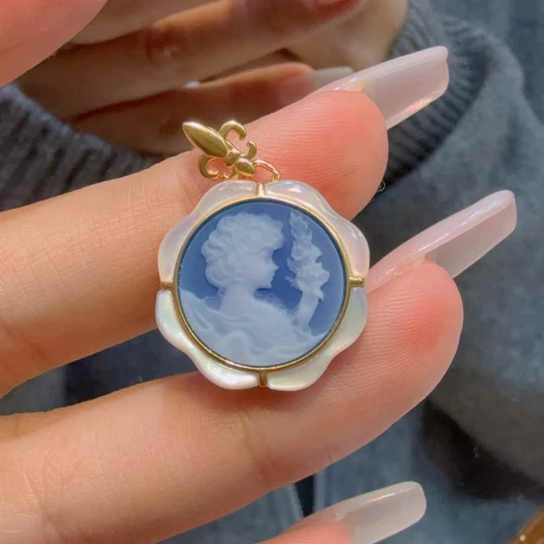 Agate Cameo Series Necklace Pendant with Floral Goddess & Zodiacal Signs Design Pure Silver Inlaid Exquisite Jewelry for Women