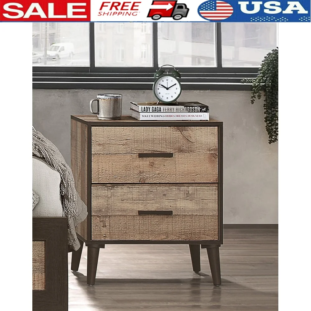 

2-Drawer Nightstand Modern Rustic Style Bedroom Furniture Solid Wood Easy Access Storage Natural Oak Finish