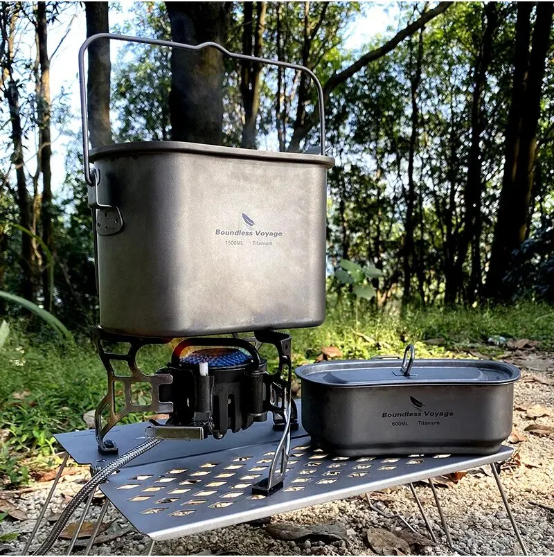 Boundless Voyage Titanium Hanging Pot Cup Cooking Set with Lid Folding Handles Outdoor Camping Cookware Mess Kit 1500ML + 600ML