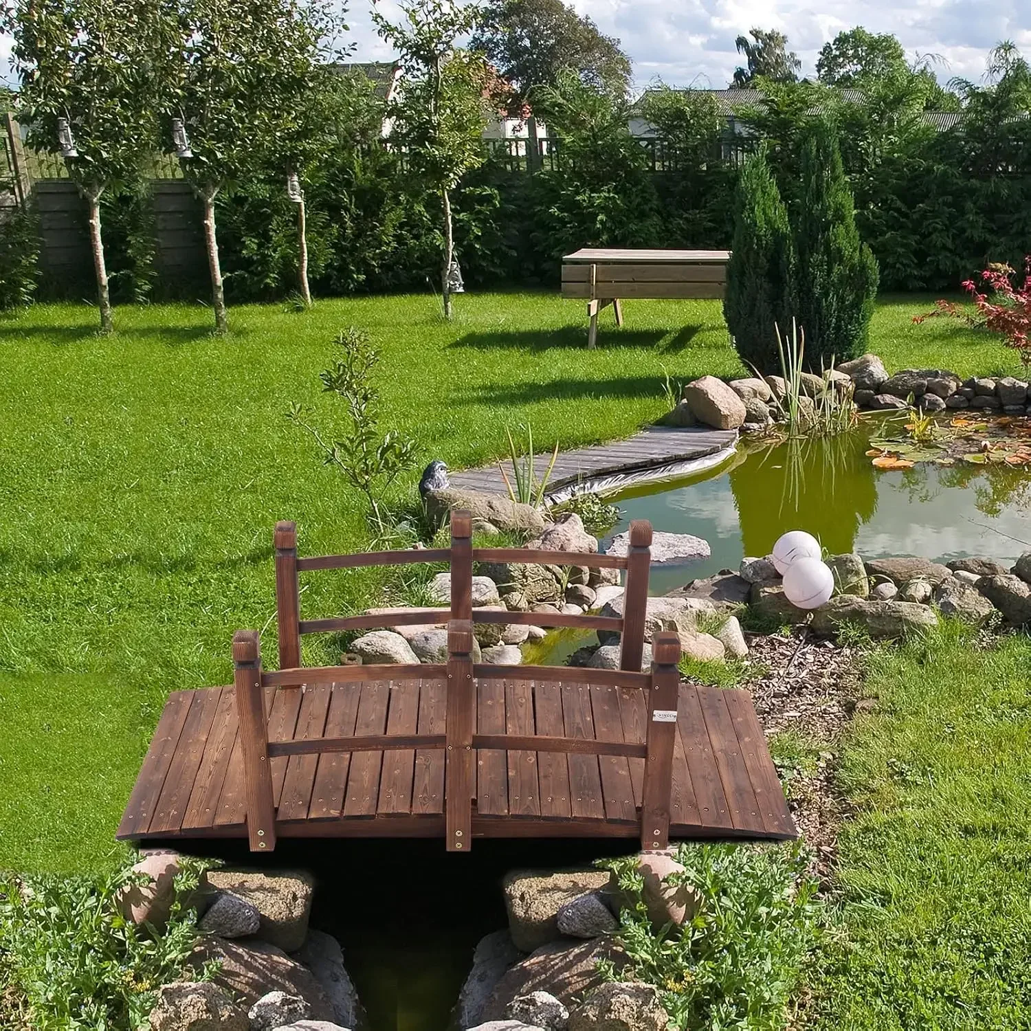 5 ft Garden Bridge, Classic Wooden Arch Stained Finished Footbridge, Decorative Pond Landscaping, Backyard, Creek or Farm