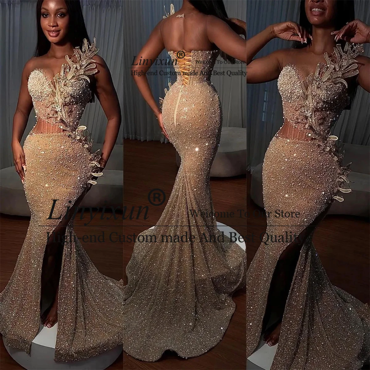 Sparkly Beaded Floral Mermaid Prom Dress Sexy High Slit Sequin Shiny Customized Evening Party Gowns Dubai Arabic Robe De Bal