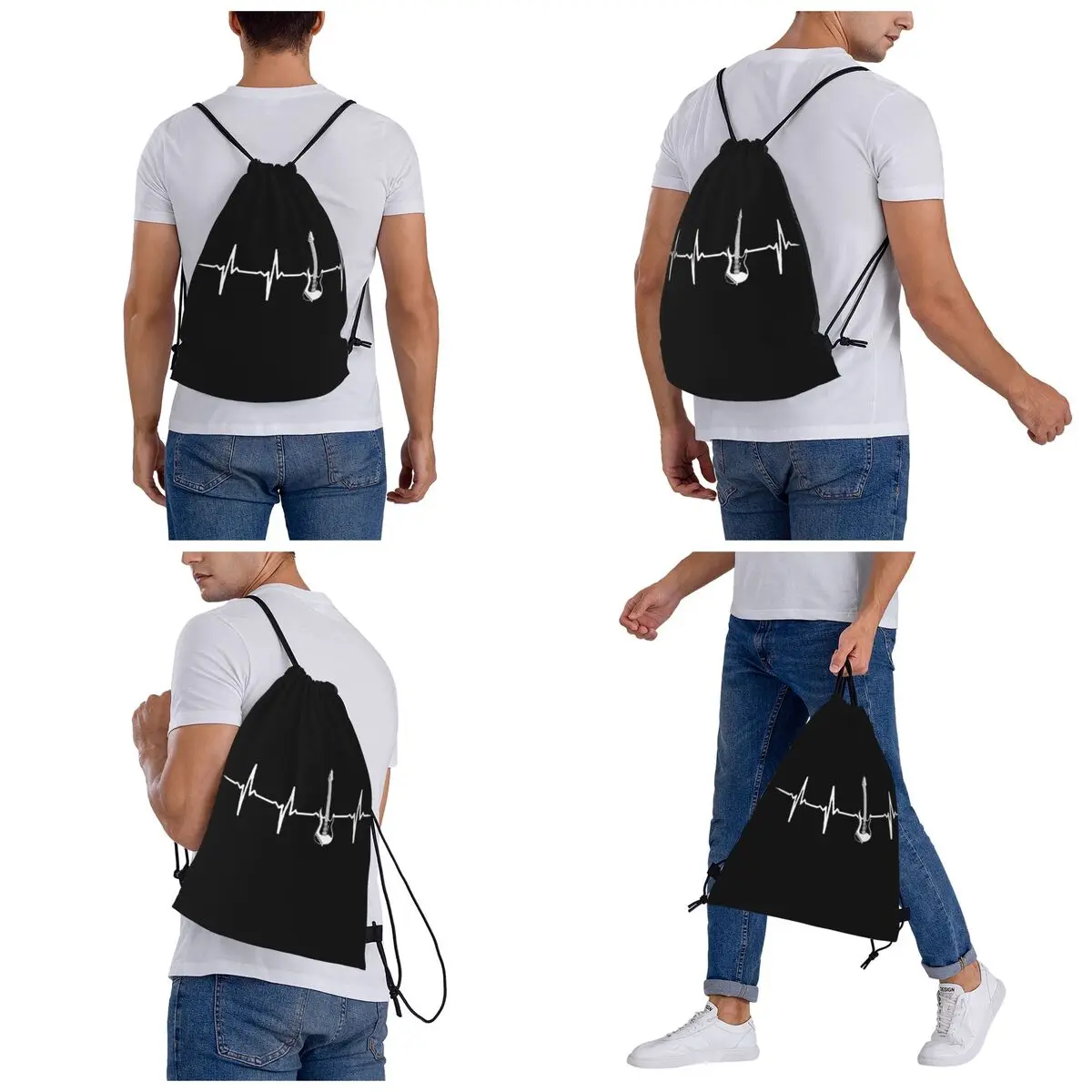 Electric Guitar Heartbeat Backpacks Multi-function Drawstring Bags Storage Bag Book Bags for Man Woman School