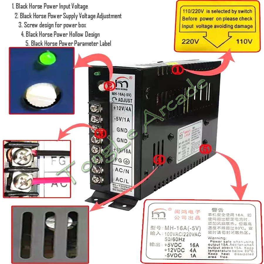 Arcade Jamma Parts MH-16A(-5V) 5V 16A 12V 4A -5V 1A Arcade Game Machine Switching Power Supply Video Game Accessories