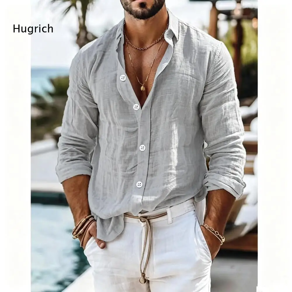 Men Long Sleeve Point Collar Casual Shirt Relaxed Cut Textured Fabric Button Top For Leisure Gatherings And Outdoor Activities