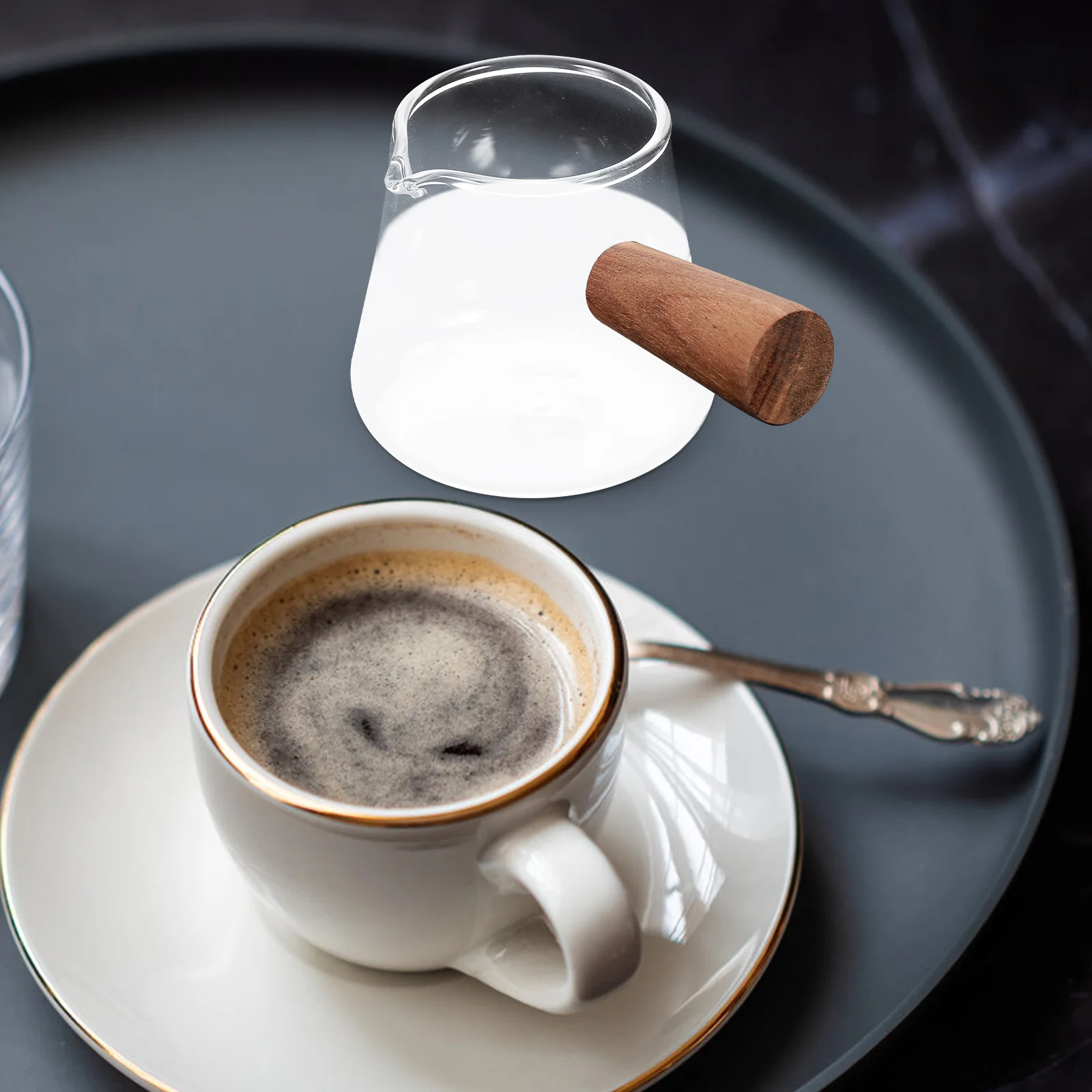 

Glass Milk Jug with Wood Handle Large Capacity Mouth Creamer Pitcher Coffee Milk Pourer Transparent