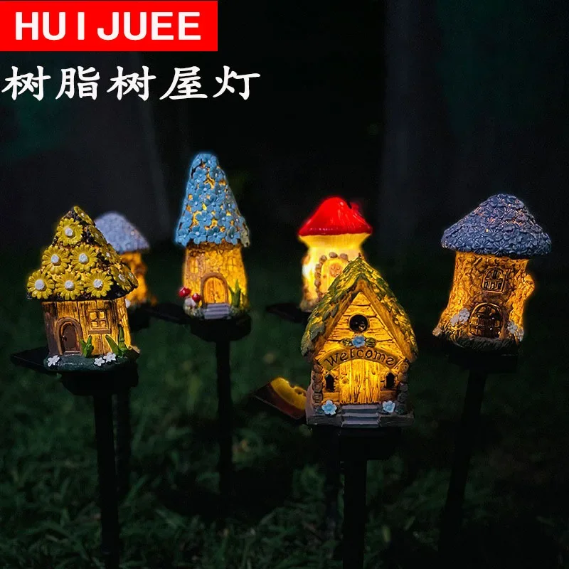 Creative Solar Resin Mushroom House Light Outdoor Waterproof LED Cartoon Ground Plug Light Garden Decoration Lawn Landscape Lamp