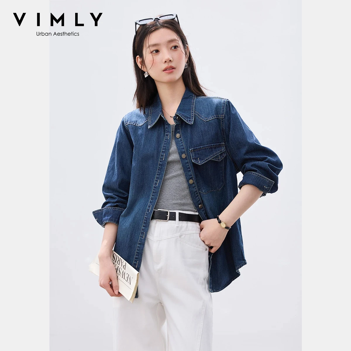 

VIMLY Women's Denim Shirt 2026 Spring New Fashion Retro Turn-Down Collar Button Down Blouse Jacket Casual Versatile Top 30839