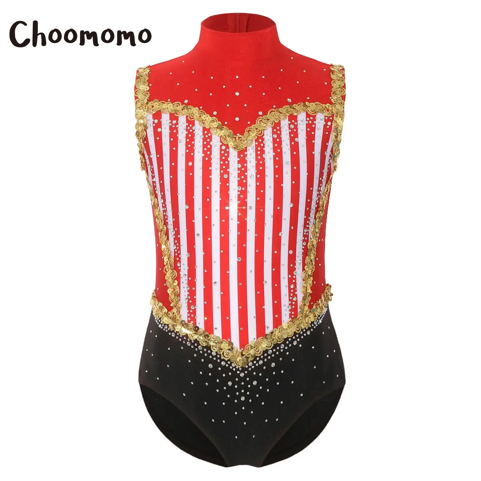 Leotardos de gimnasia y ballet para niñas con pedrería, disfraz de circo, traje de maestro de ceremonias, mono sin mangas con lentejuelas brillantes y rayas