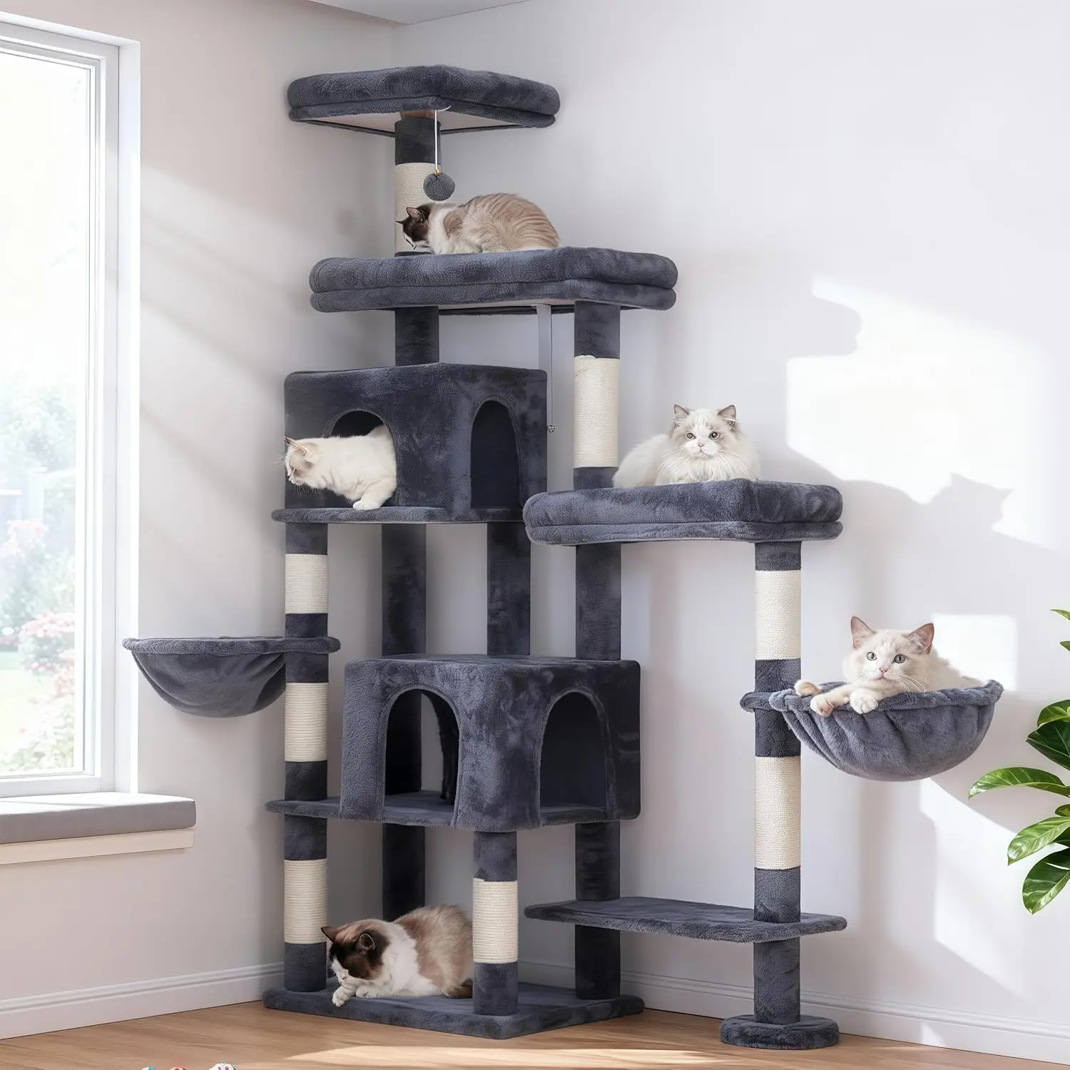 

Cat Tree Tower, Scratching Posts with a Extended Part, Wide Platforms, Cozy Condos, Hammocks, Sisal Columns and Ball for