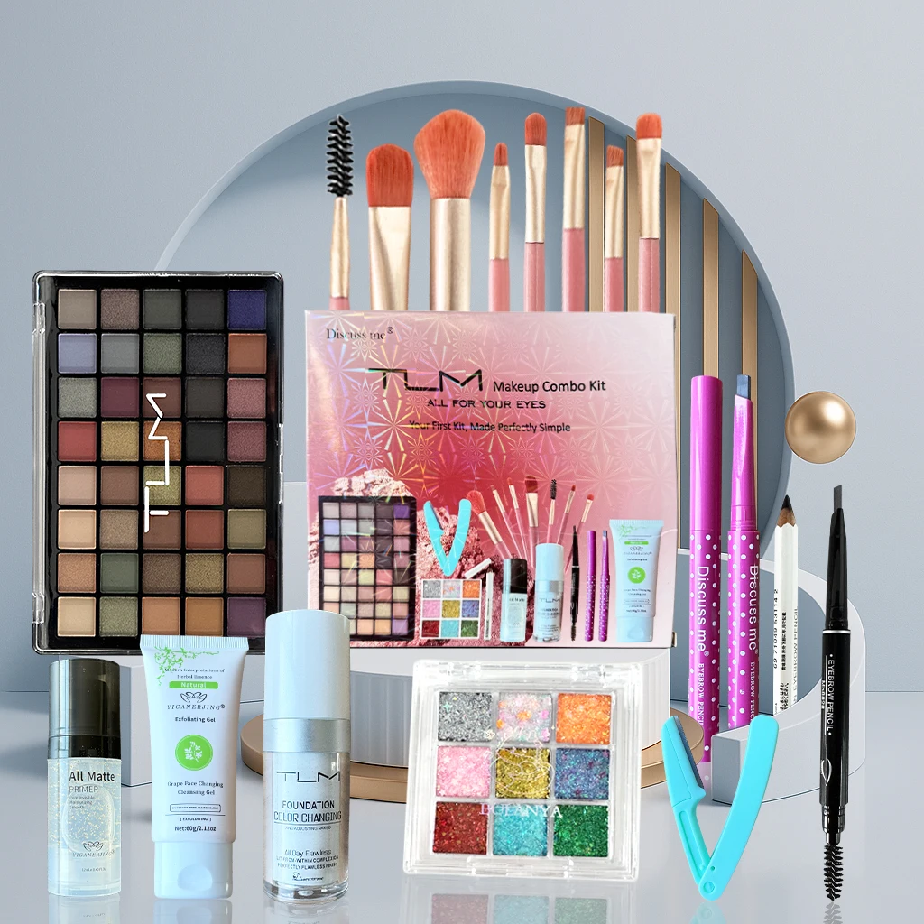 TLM Full 18‑Piece Makeup Combo Kit, Beginner Makeup Gift Box, Includes Eyeshadow Palette, Glitter Sequins, Makeup Brushes, Liquid Foundation, Makeup Primer, Cleansing Cream, Eyebrow Pencil, Eyebrow Trimmer, Perfect For Valentine'S Day Gift.