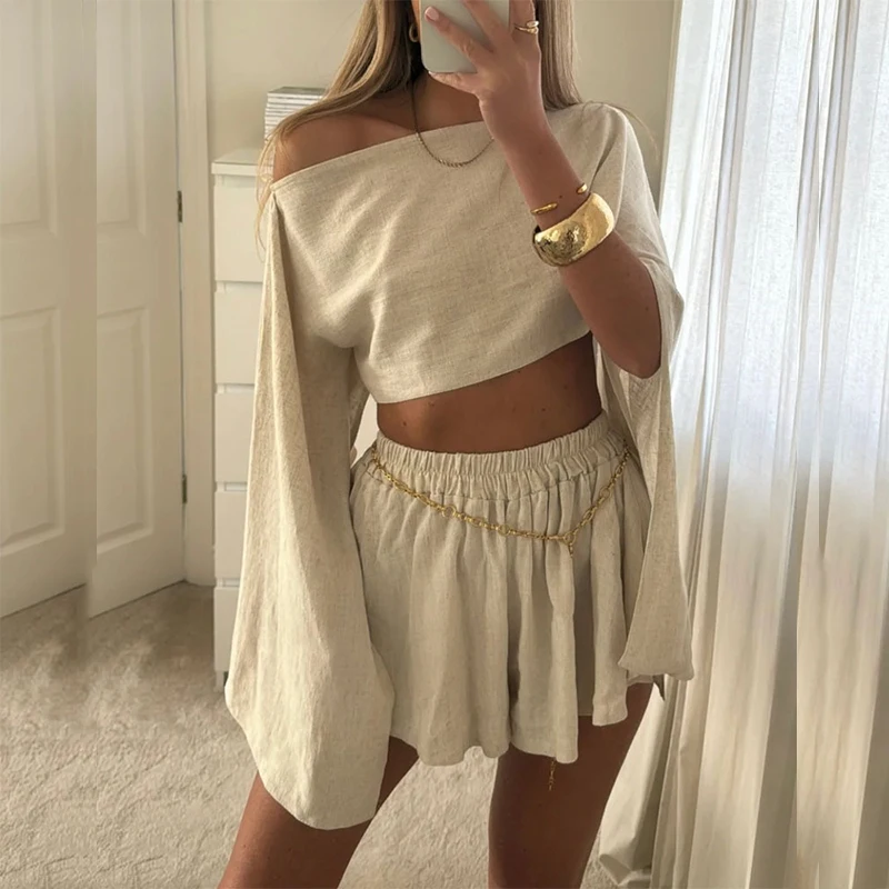 Vintage Skew Collar Long Sleeved Top+Shorts Beach Suit Sexy Asymmetric Navel Holiday Outfit Spring Summer Cotton Linen Women Set