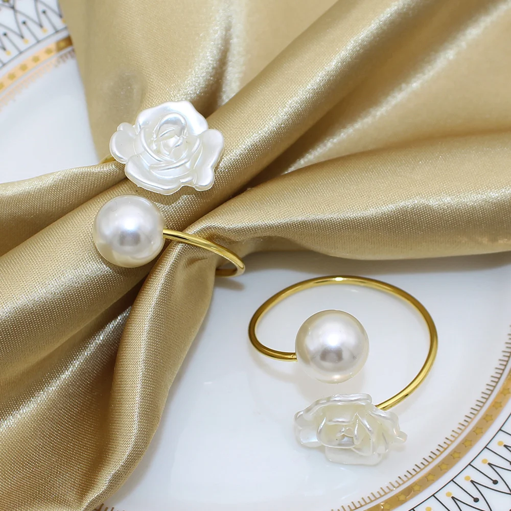 1PC Romantic Open Metal Napkin Ring Rose Pearl Decor Napkin Elegant Western Buckle Napkin Ring Wedding Gift Party Supplies