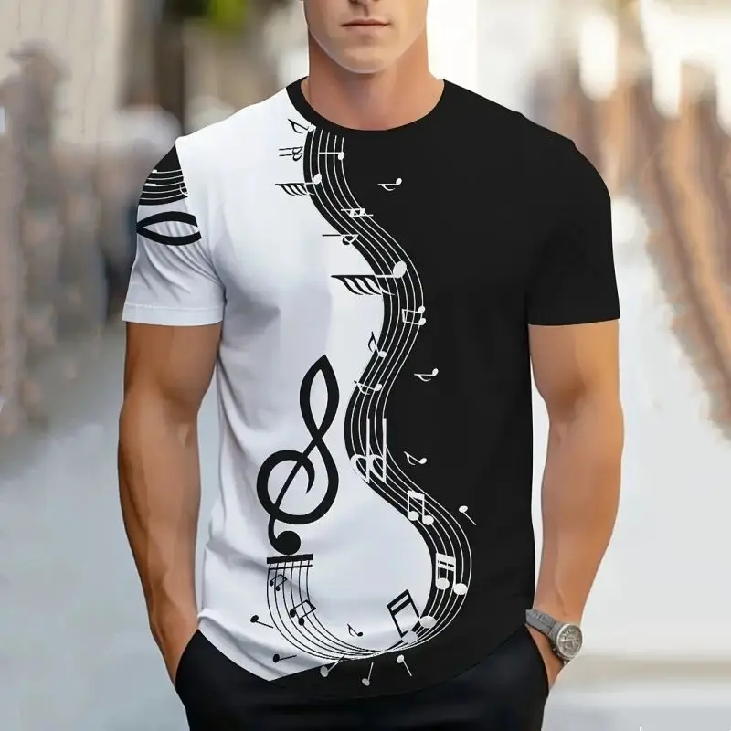 Retro Men\'S T-Shirt 3d Music Notes Printed Men Clothing Daily Casual Short Sleeve Street Designer Tees Top Loose Oversized Shirt