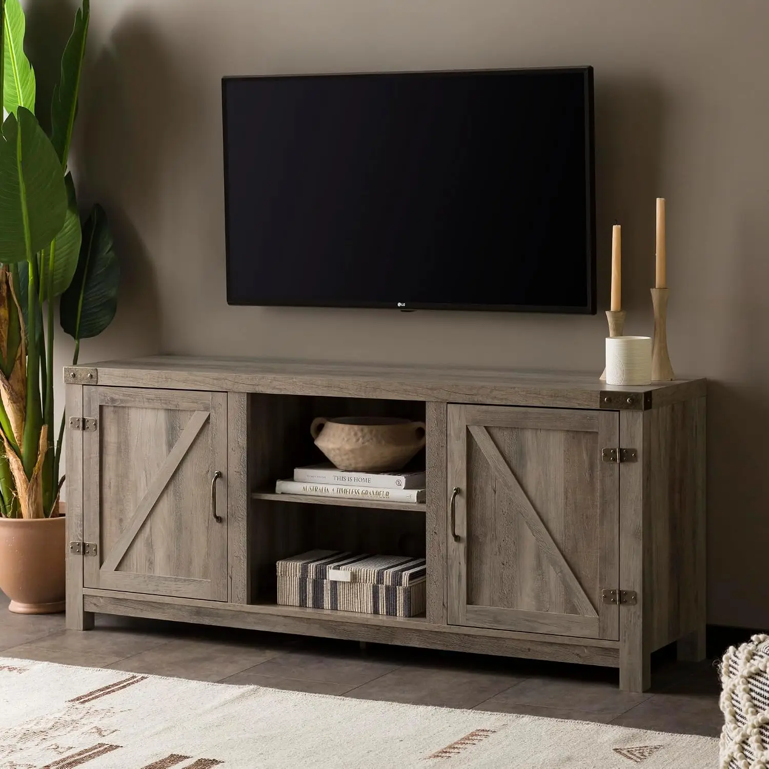 Modern Farmhouse Barn Door TV Stand for 65 Inch TV, Living Room Storage Cabinet, 58 Inch Grey Wash, Customized
