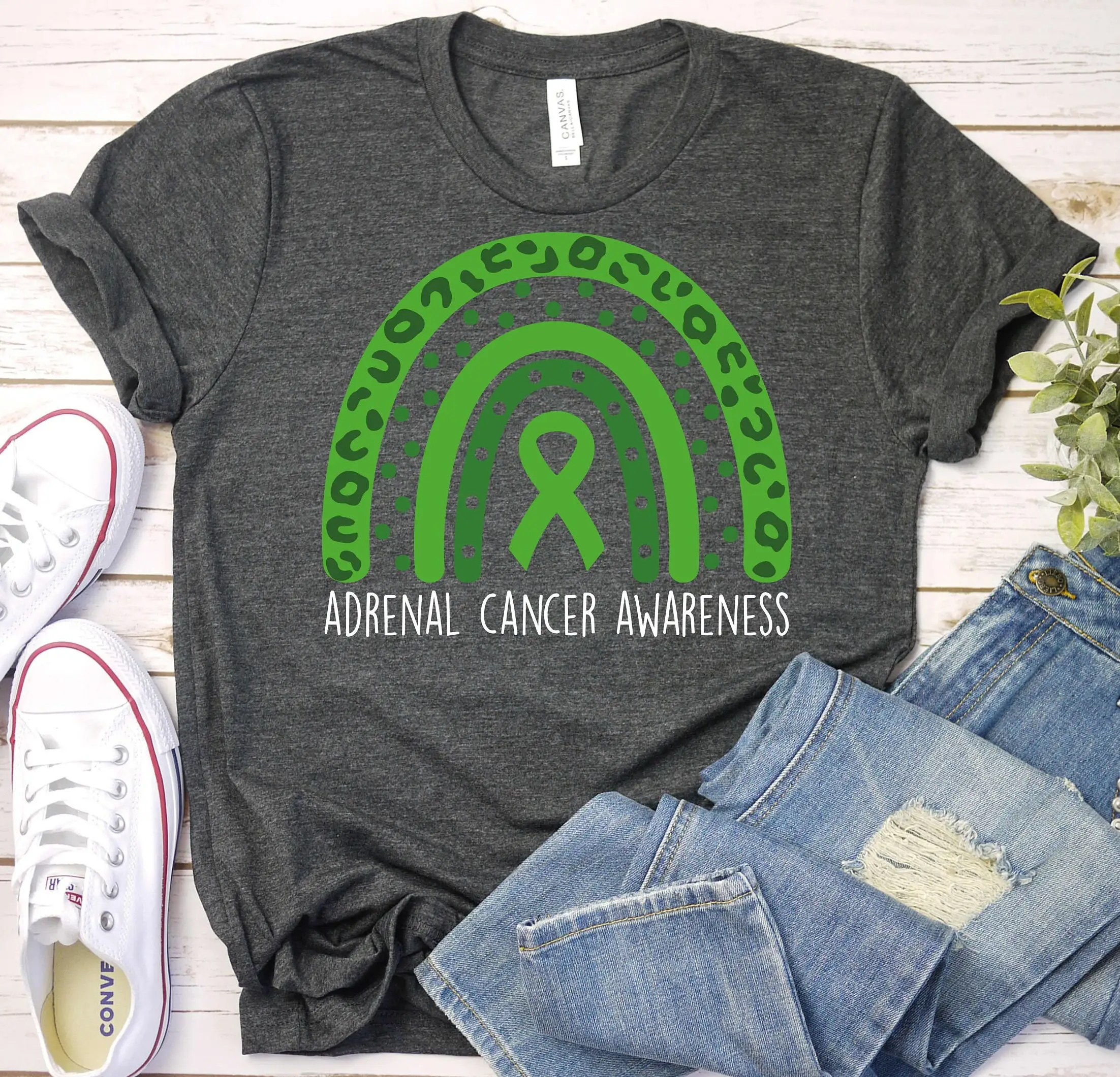 Adrenal Cancer Awareness T Shirt Green Ribbon Chemotherapy Survivor Gland Tumor