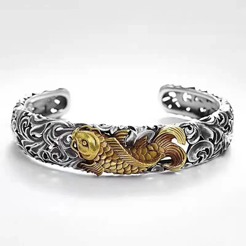 Ethnic Style Koi Fish Carving Pattern Bracelet Fashion Retro Open Cuff Bracelet Men and Women Wealth Jewelry Gift