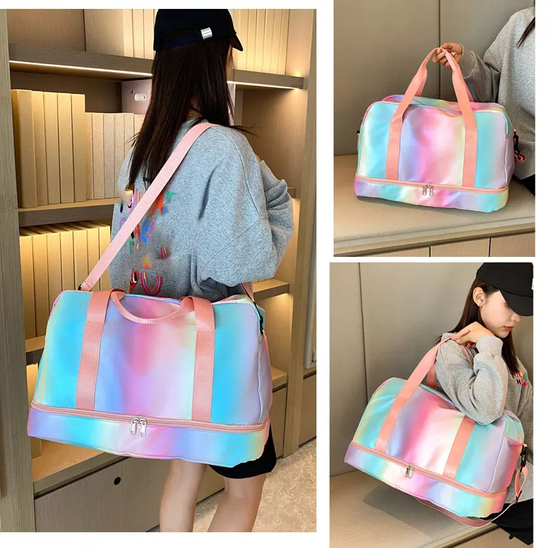 Rainbow Gym Bag Fitness Sports Handbags Women Travel Shoulder Dry Wet Color Deffle Tote Weekend Swimming With Shoes Storage Bags