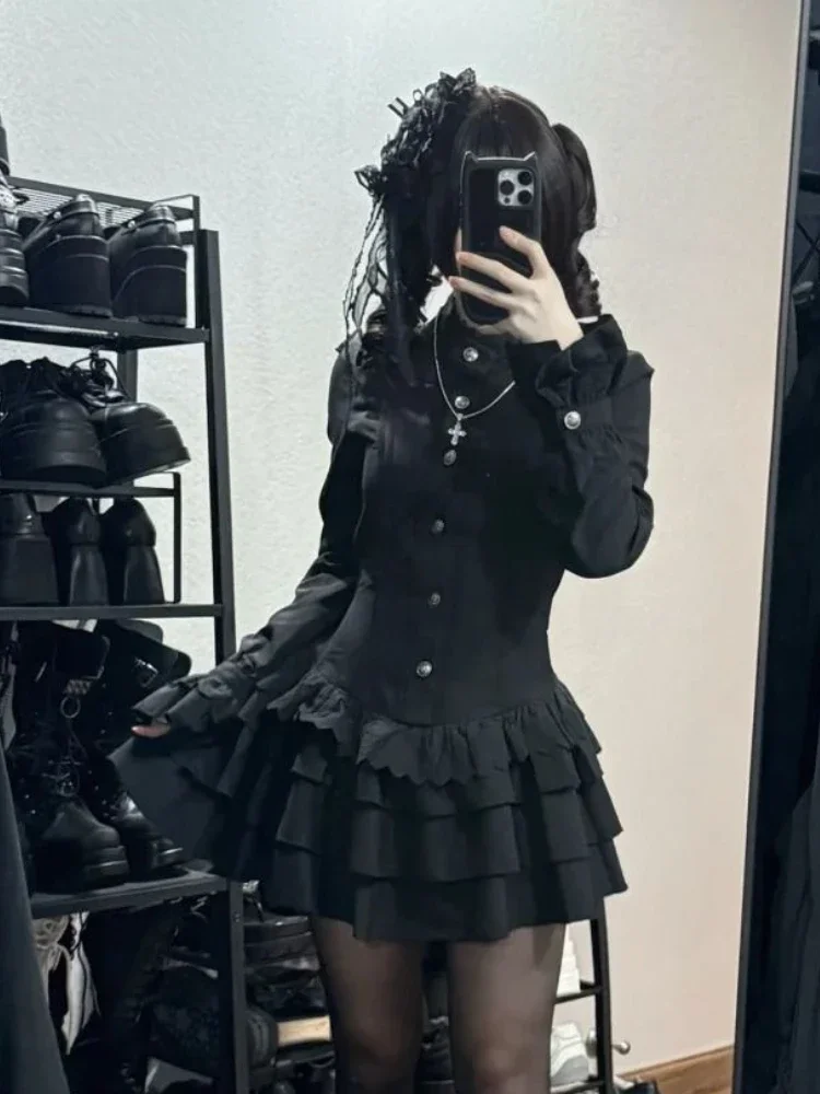 القوطية نمط خمر أنيقة الدانتيل يصل فستان المرأة تصميم شارع العليا الأسود لوليتا فستان نحيل الإناث Y2k كوريا نمط شيك وتتسابق #6