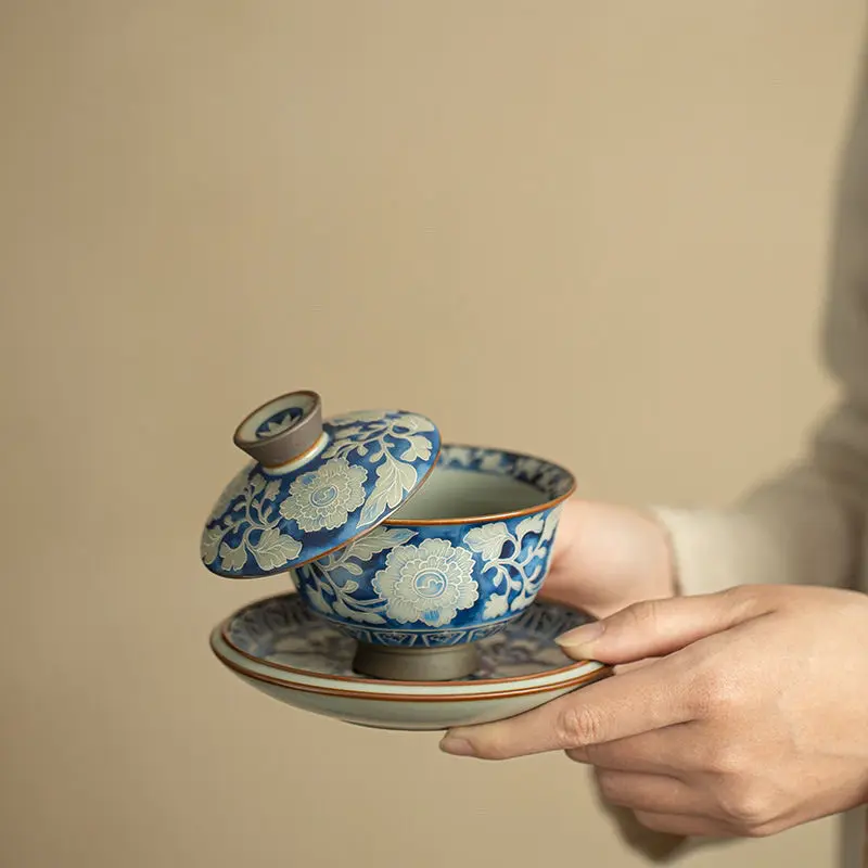 Ru Kiln Blue and White Porcelain Ingot Covered Bowl Ceramic Tea Maker Household Kung Fu Tea Set Gaiwan Hovering Rotating Tea Cup