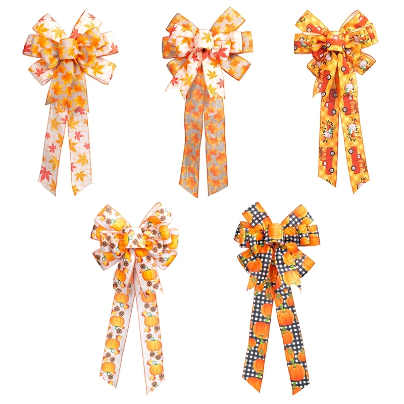 57x39cm Thanksgiving‘s Day Bow Knot Autumn Harvest Pumpkin Maple Leaf Bow Decorations for Home Fall Ornament Christmas Decor