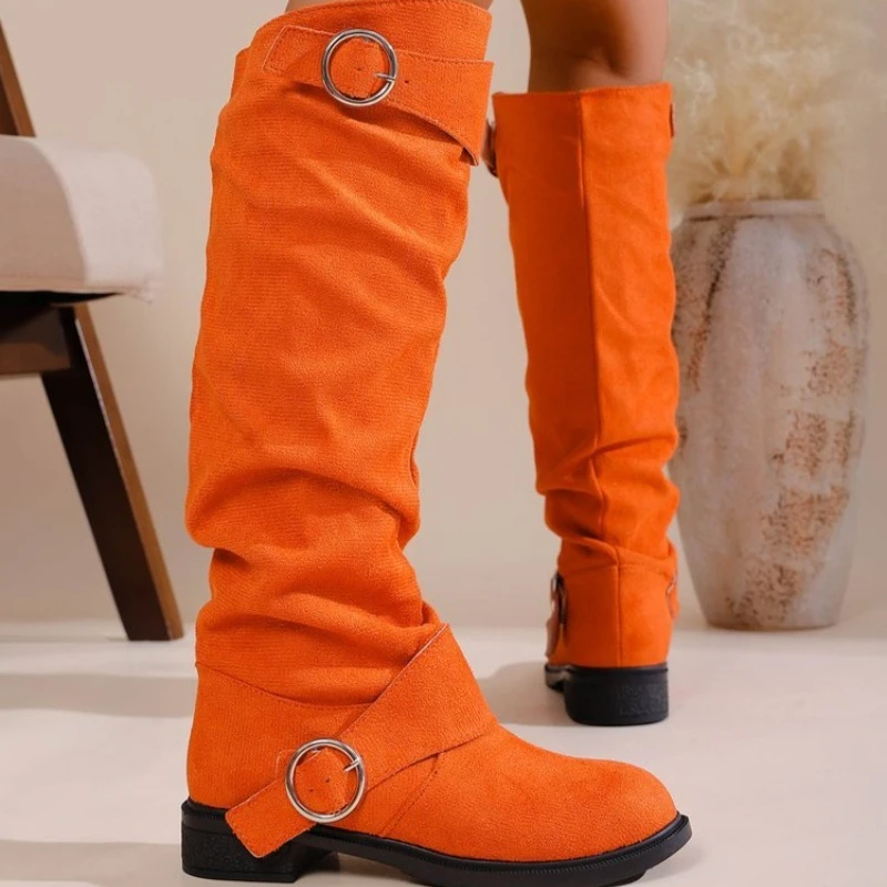 Vintage Western Style Knee High Boots, Comfortable Low Heel, Wrinkled Shaft Cowboy Boots