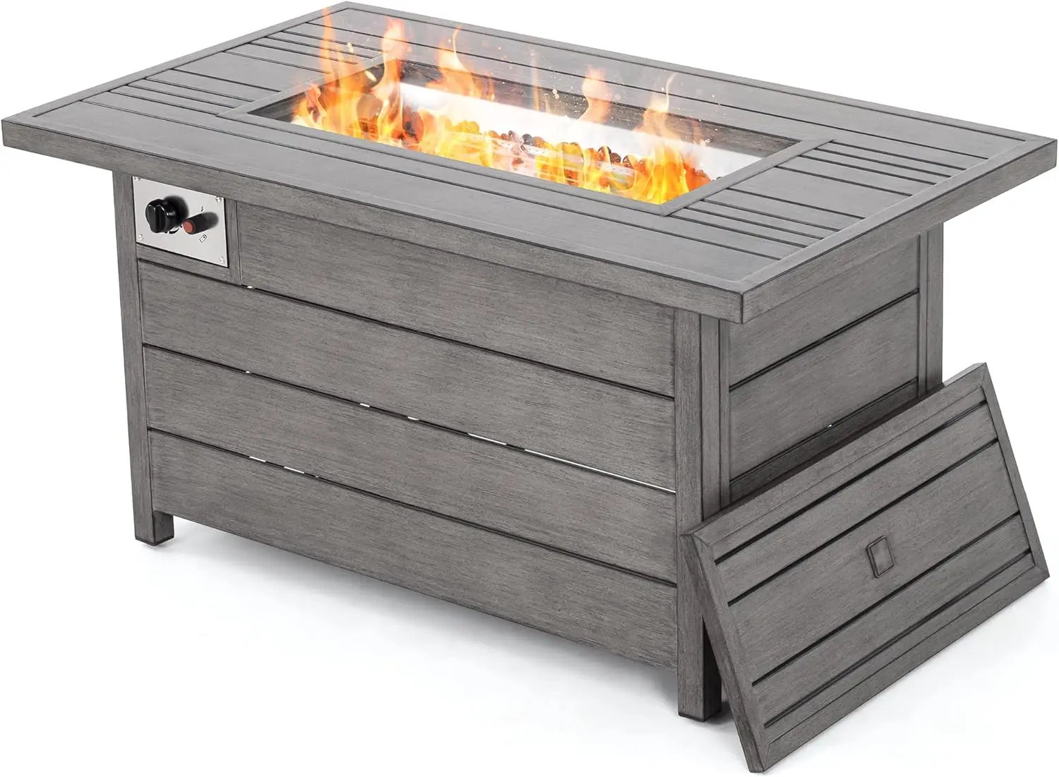 Propane Fire Pit Table, HAPPATIO 48inch 50000 BTU Aluminum Gas Fire Pit with Aluminum Slats Table Top, Lid, Black Glass Rock,