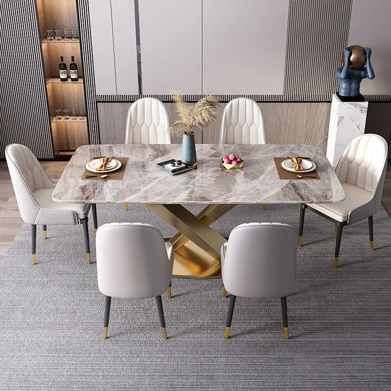

Light luxury gold-plated rock slab dining table and chair combination simple modern rectangular living room dining table