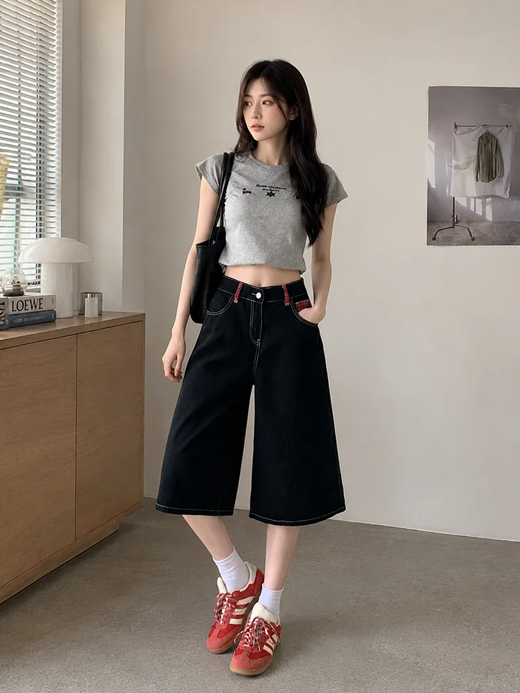 ReddaChic Low Rise Baggy Women's Jean Shorts Emo Summer Black Plain Stitch Straight Denim Bermuda Shorts Punk Vintage Streetwear view 3