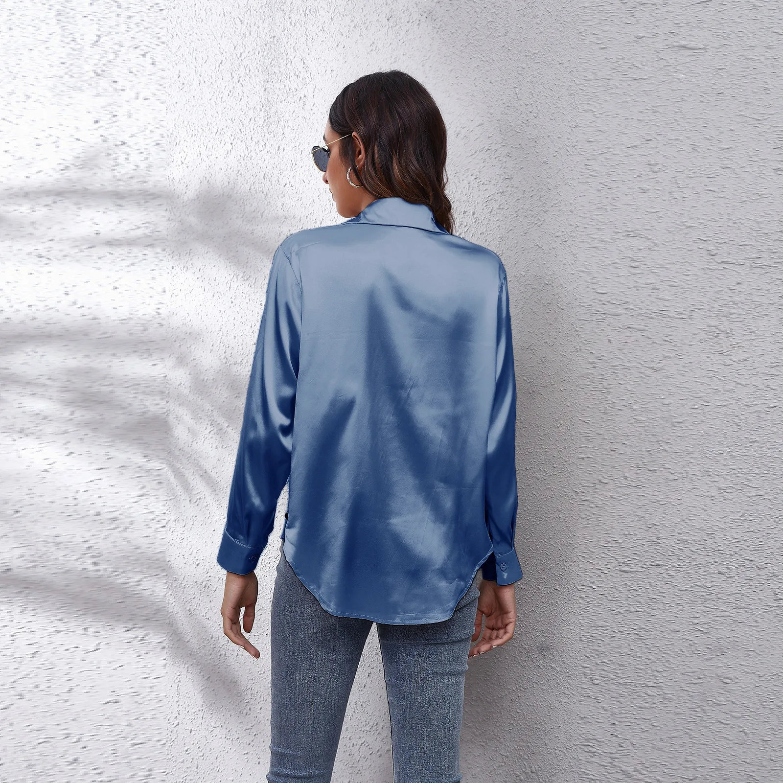 Women Elegant Shirt Fashion Blue Long Sleeve Lapel Blouse New Autumn Winter Casual Solid Loose Tops Lady T Shirt Tees Blusas