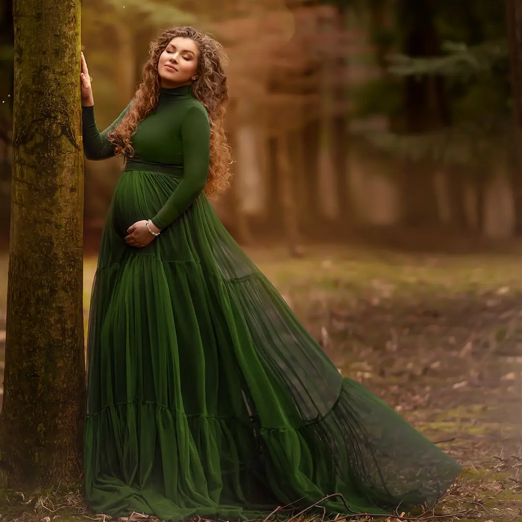 Dark Green Maternity Dresses for Photo Shoot High Neck Modest Pregnancy Maternity Gown Long Sleeve Babyshower Dress