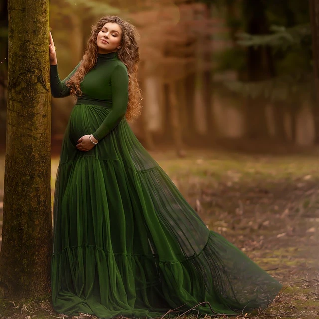 Dark Green Maternity Dresses for Photo Shoot High Neck Modest Pregnancy  Maternity Gown Long Sleeve Babyshower Dress - AliExpress