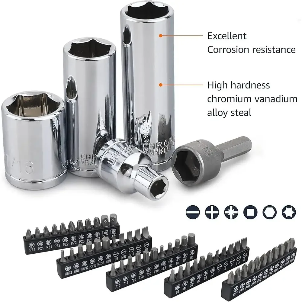 مجموعة أدوات ميكانيكي مكونة من 201 قطعة مجموعة مقابس مع حافظة SAE متري من الكروم والفاناديوم ومفتاح ربط من الفولاذ وقم مفك براغي #3