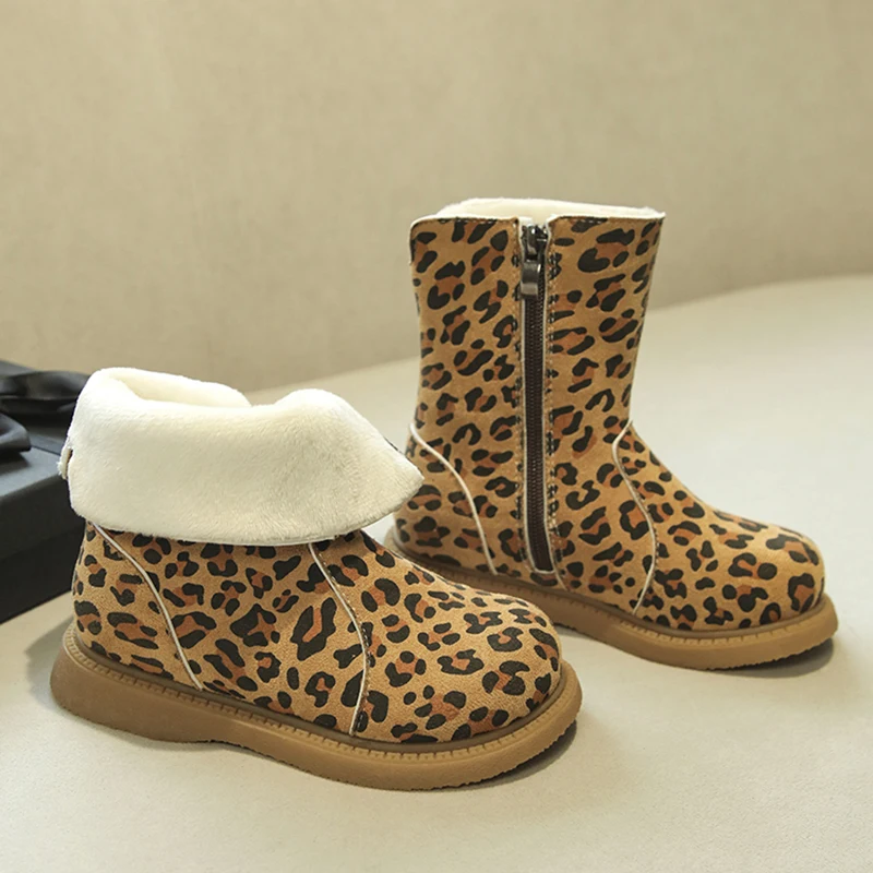 

Кожаные ботинки с животным принтом для девочек, новинка 2025 года, зимние теплые ботильоны на флисовой подкладке для малышей, ботинки для рождественской вечеринки на мягкой подошве для девочек