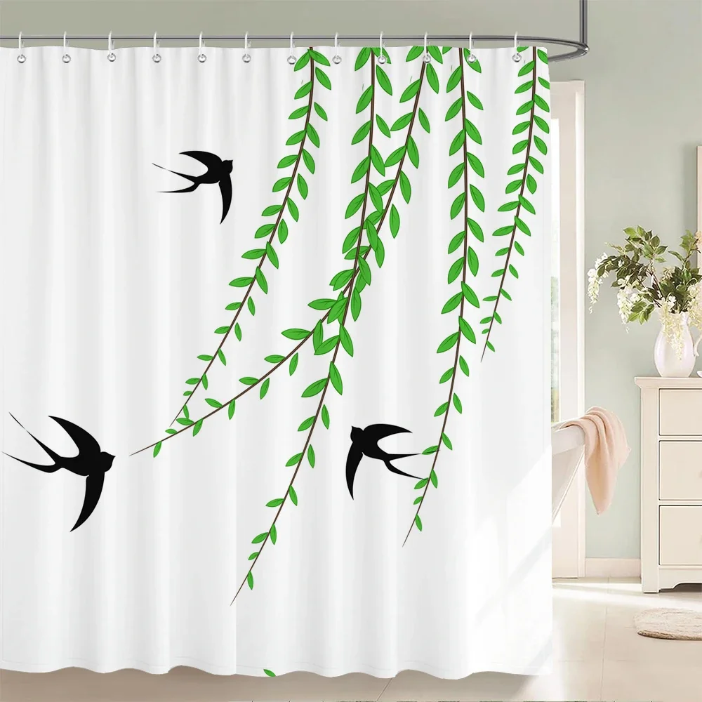 Minimalist Green Willow Branch Swallow Shower Curtain Simple Black Silhouette Bird Fresh Spring Nature Print White Background Wa