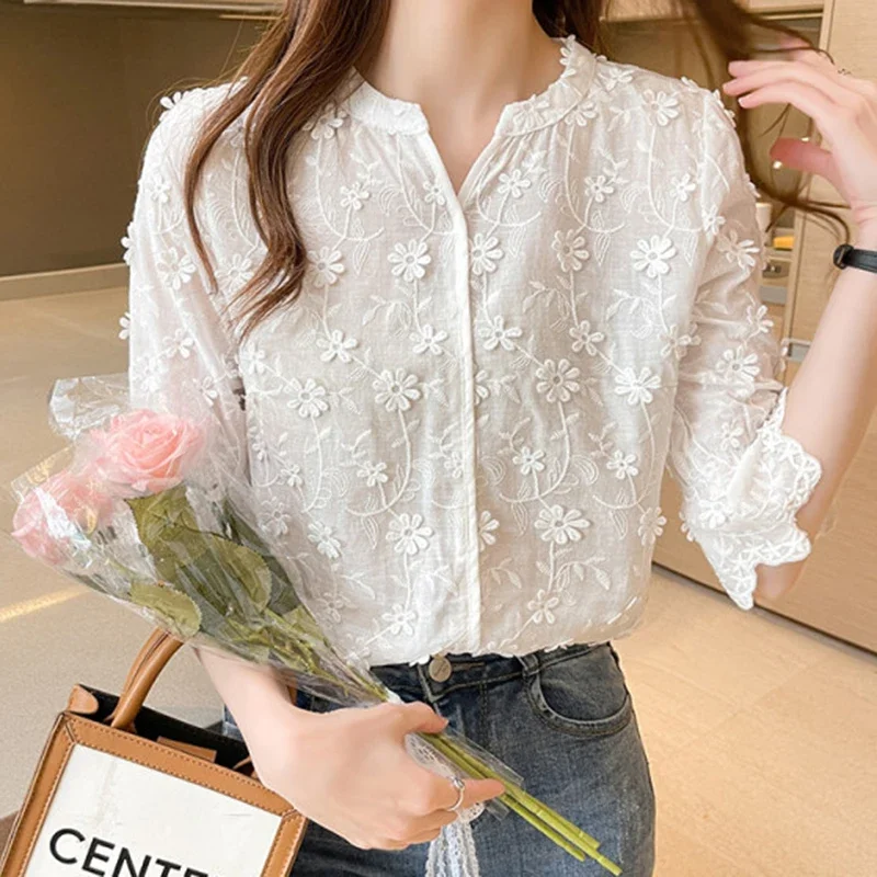 Summer Tops Lace Blouses Women Embroidery Floral White Shirt 2024 Fashion Casual Short Sleeve Cotton Shirts Women's Blusas 9638