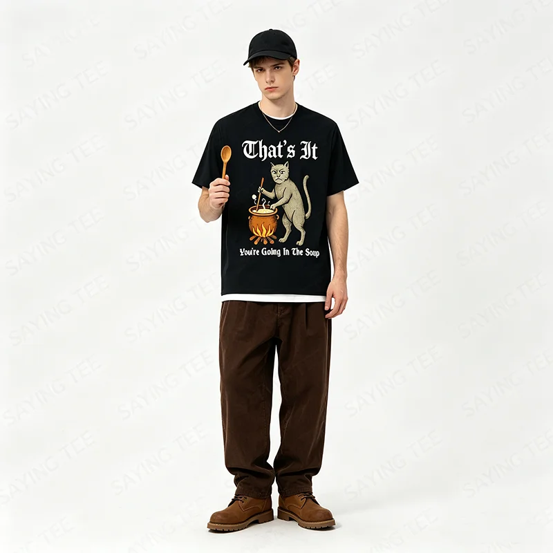 Mittelalterliches Katzen-T-Shirt mit lustigem Spruch „That's It You're Going in The Soup“, Y2k Art Cook Gag Neuheitsgeschenk, Humor-Halloween-Kostüm-T-Shirts – Detail 6
