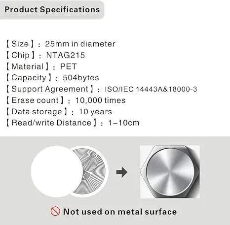 1000pack- NFC Tags NTag215 NFC Sticker Round Label (1 inch Diameter) 504 Bytes of Memory