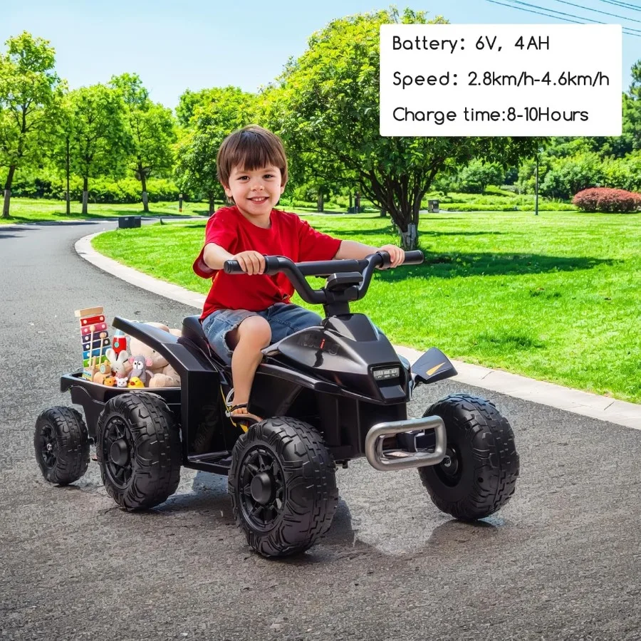 Giocattoli da corsa per bambini, quad ATV per bambini da 6 V con rimorchio per bambini di 3 anni, auto da corsa elettrica con pneumatici resistenti all'usura, musica, per