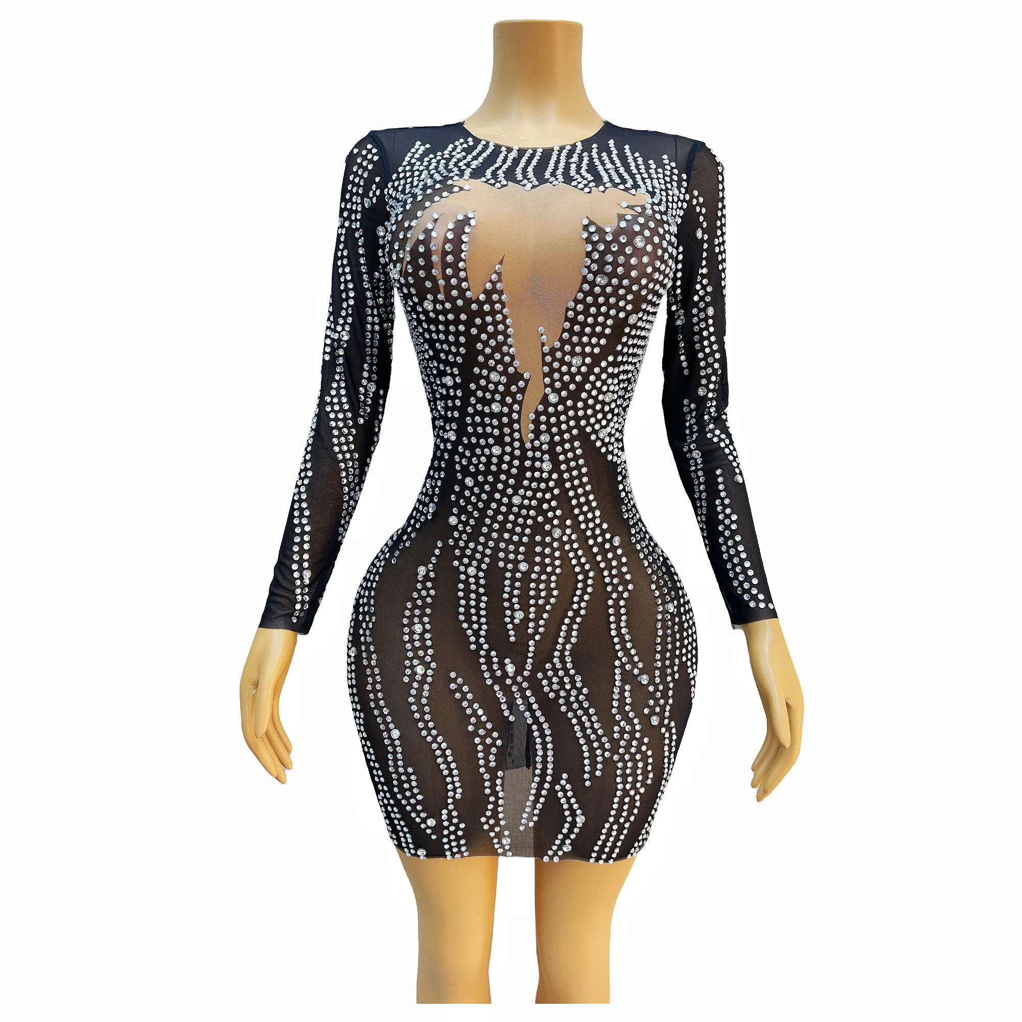 Black Purple Silver Rhinestones Stretch Dress Birthday Celebrate Outfit Evening Stage Show Performance Dancer Costume zixu