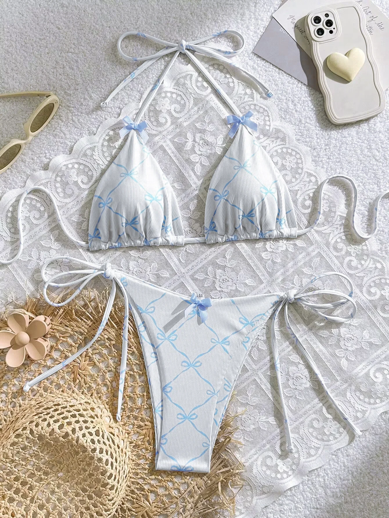 

Swimwear White 2 Piece Swimsuit for Women Sexy Bow Triangle Halter Backless Bikini Set Lace-up Thong Bathing Suit 2025 New