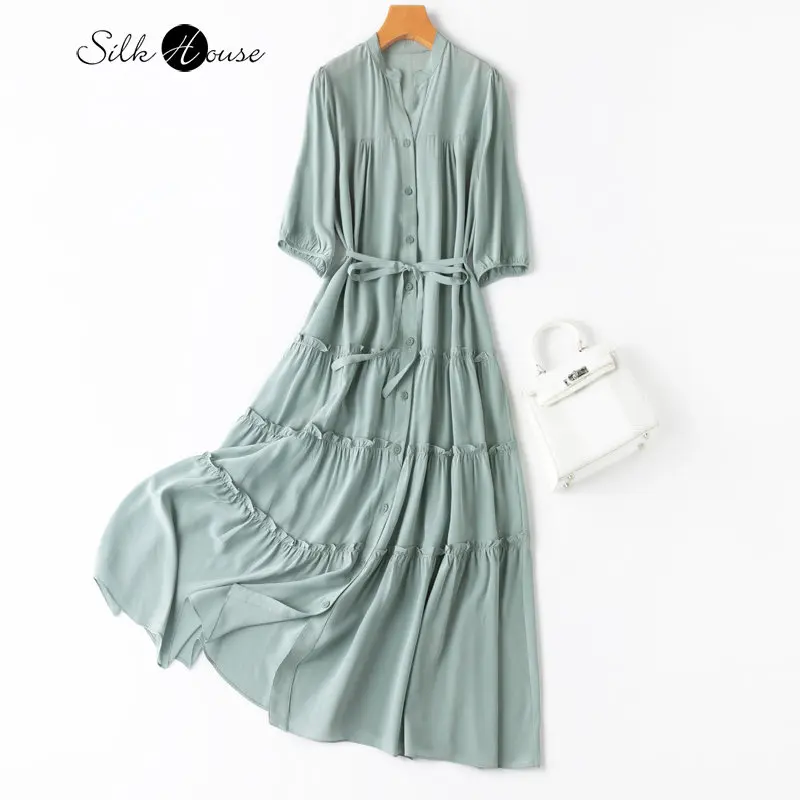 

French Grey Blue "Super Large Silk V-Neck Half Sleeve Cake Dress Long Sweet and Flowing Dress for Women