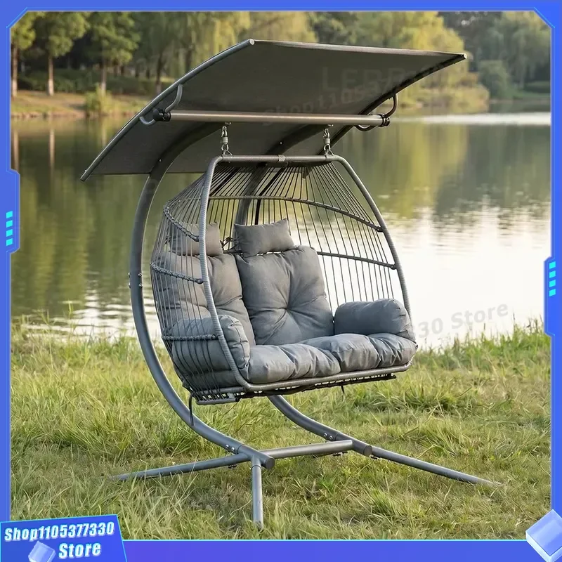 Modern Portable Double Swing Egg Chair Outdoor Hanging Seat Iron Frame PE Wicker Hammock Sofa for Park Villa Garden Furniture