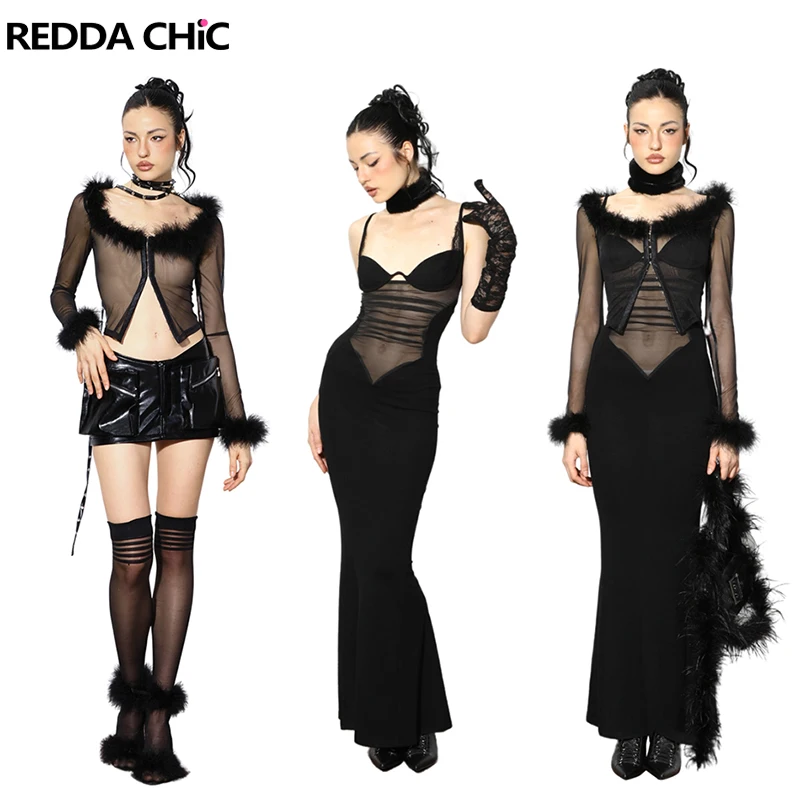 

ReddaChic Sexy Sheer Plush Cardigan Dress Set Women Faux Fur Patchwork Shrug Camisole Corset Long Evening Dress Retro Party Gown