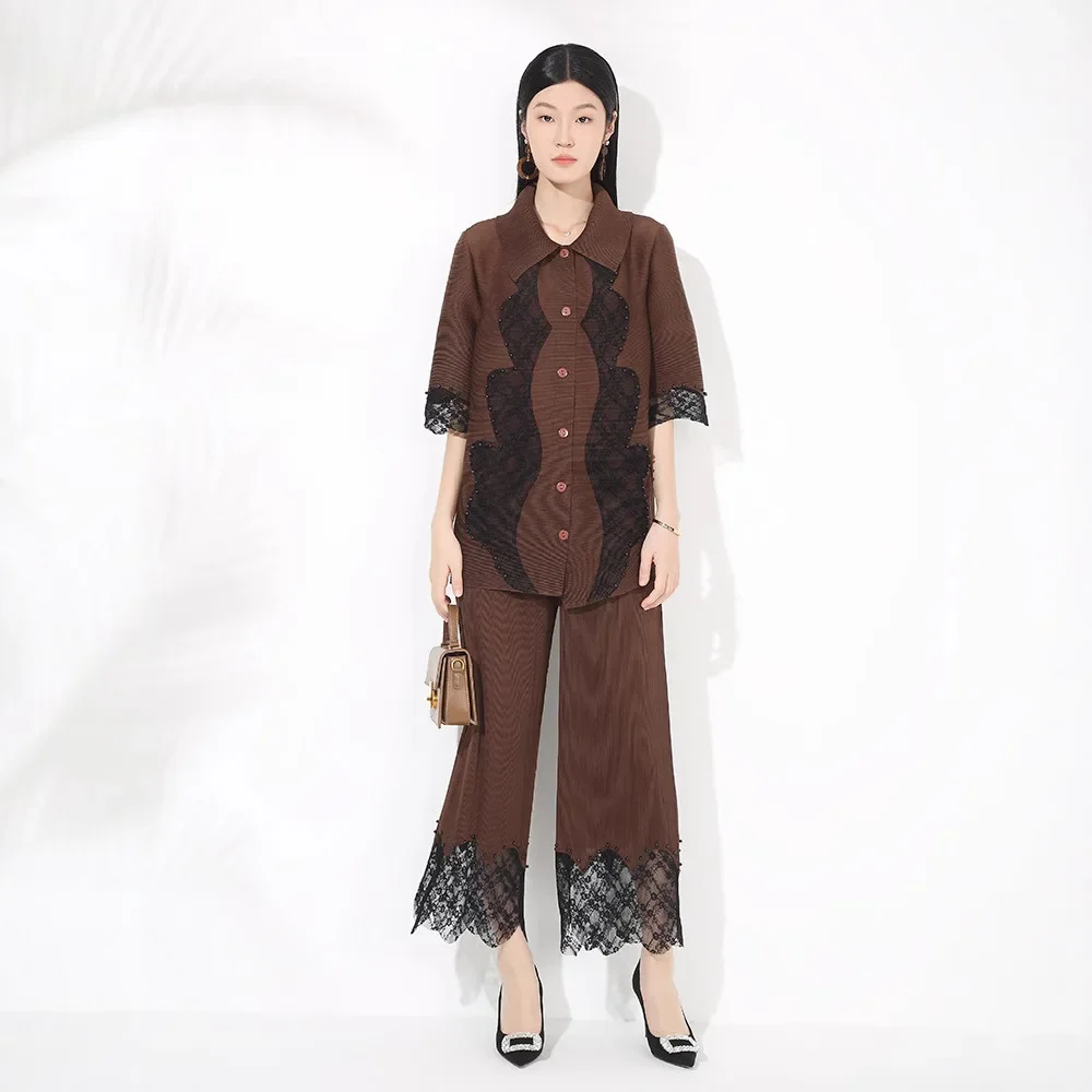 

Miyake Style Pleated Fashionable Splicing Suit High-end Commuter Lapel Breasted Stretch Top + Straight Trousers Two-piece Set