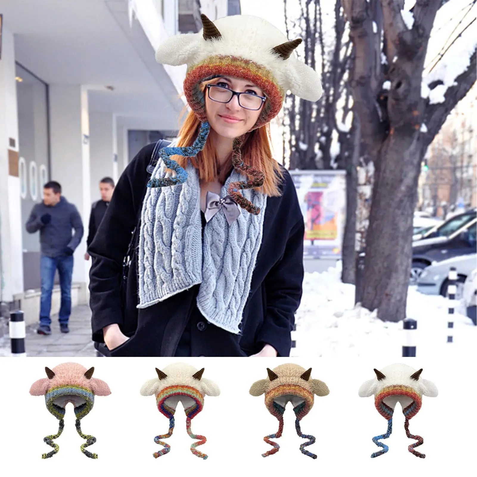 

Шапка-бини с овечьими рожками для женщин, вязаная, милая, в виде животного, зимняя шапка с защитой для ушей, на Рождество