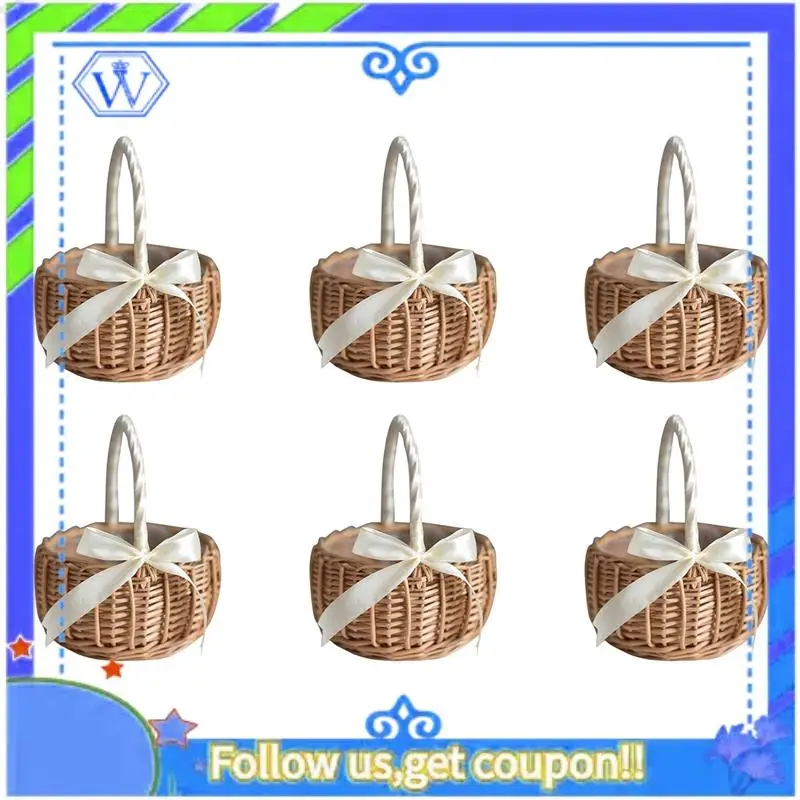

A55P-6X Wicker Woven Flower Basket, With Handle And White Ribbon, Wedding Flower Girl Baskets, For Home Garden Decoration(S)