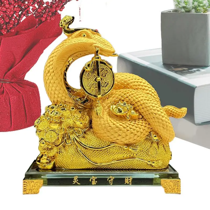 Feng Shui Snake Figurine Chinese Snake Year Figurines Statue Golden Resin Feng Shui Sculpture Table Collectible Home Decoration